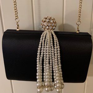 Pearl Fringe Black Satin Clutch